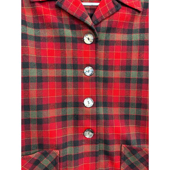 Pendleton Jacket Womens 16 Red Green Plaid Wool Pleated Long Sleeve Button Front - Picture 5 of 12